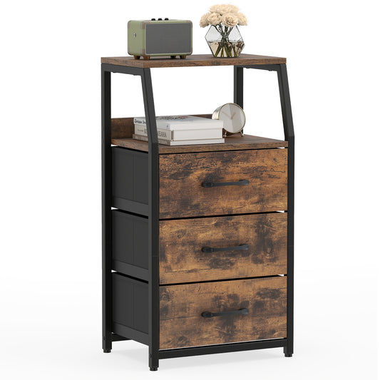 3-Drawer Storage Cabinet with a rustic brown finish and black metal frame on a white background