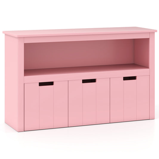 3-Drawer Wood Storage Cabinet in pink with an open shelf and three pull-out storage bins