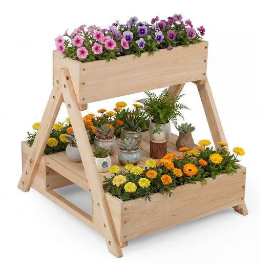 3 Fir Wooden Planter Boxes filled with various colourful flowers and small potted succulents