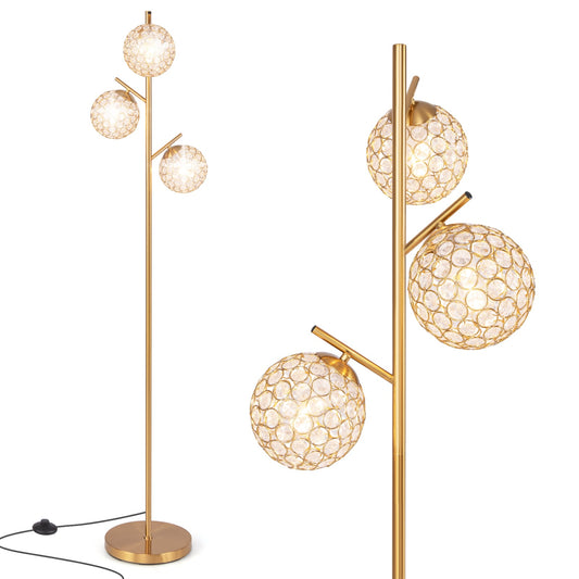 3-Globe Floor Lamp with foot switch and 3 E27 bulb bases in golden finish