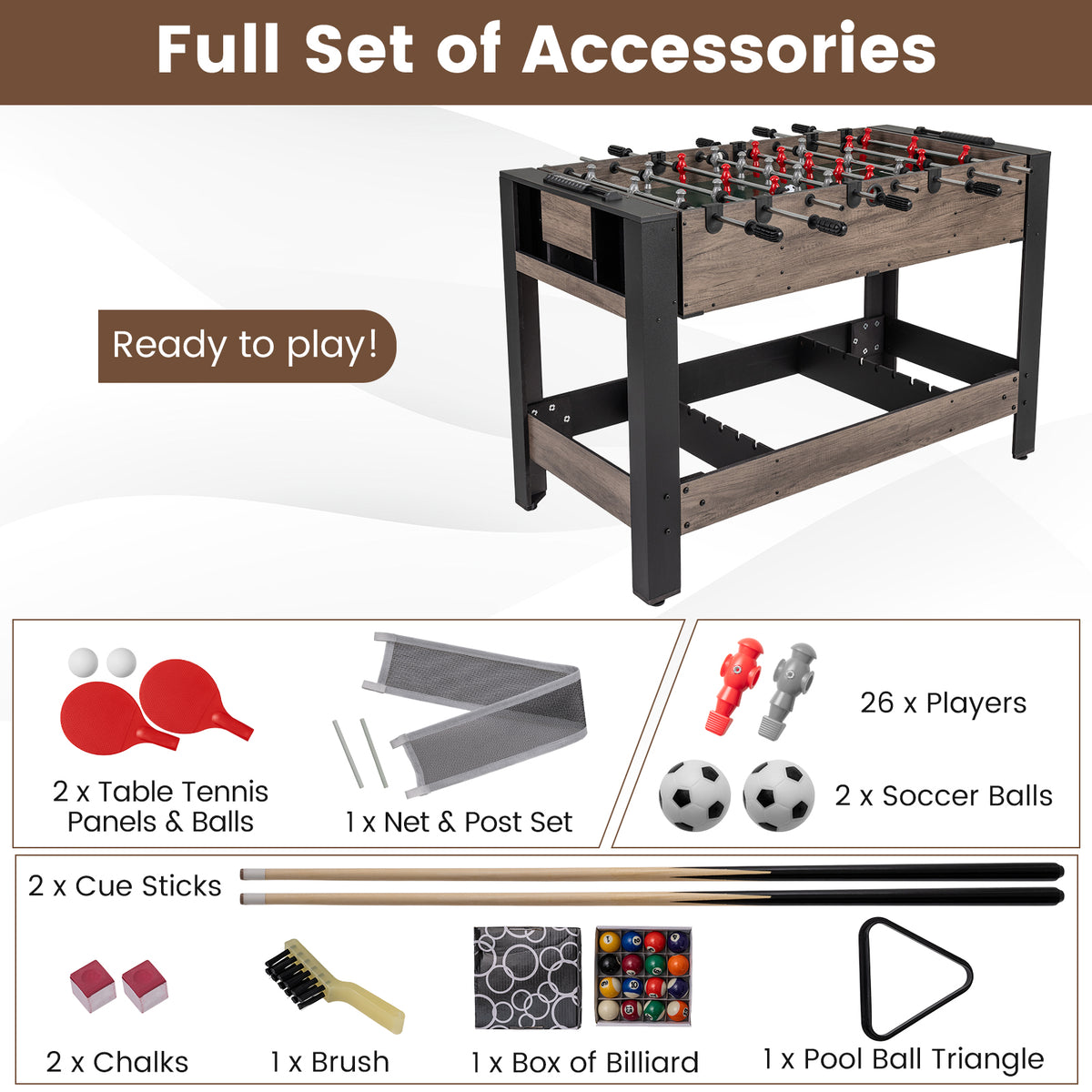 The game room table with all accessories laid out including balls, bats, cues, and chalk