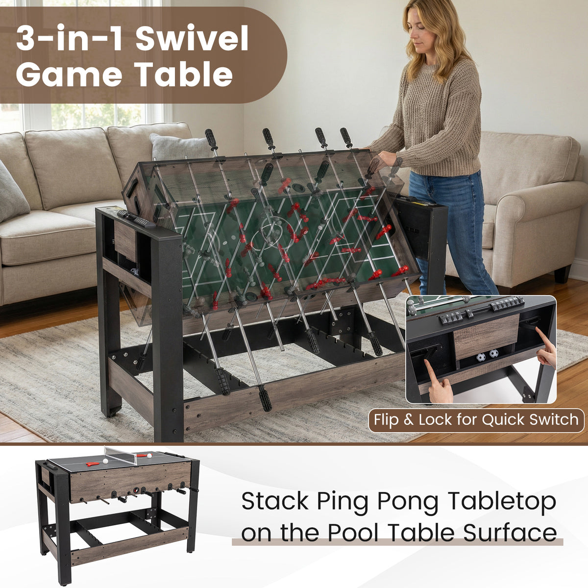 The game room table being flipped to switch between game modes with text about stacking ping pong