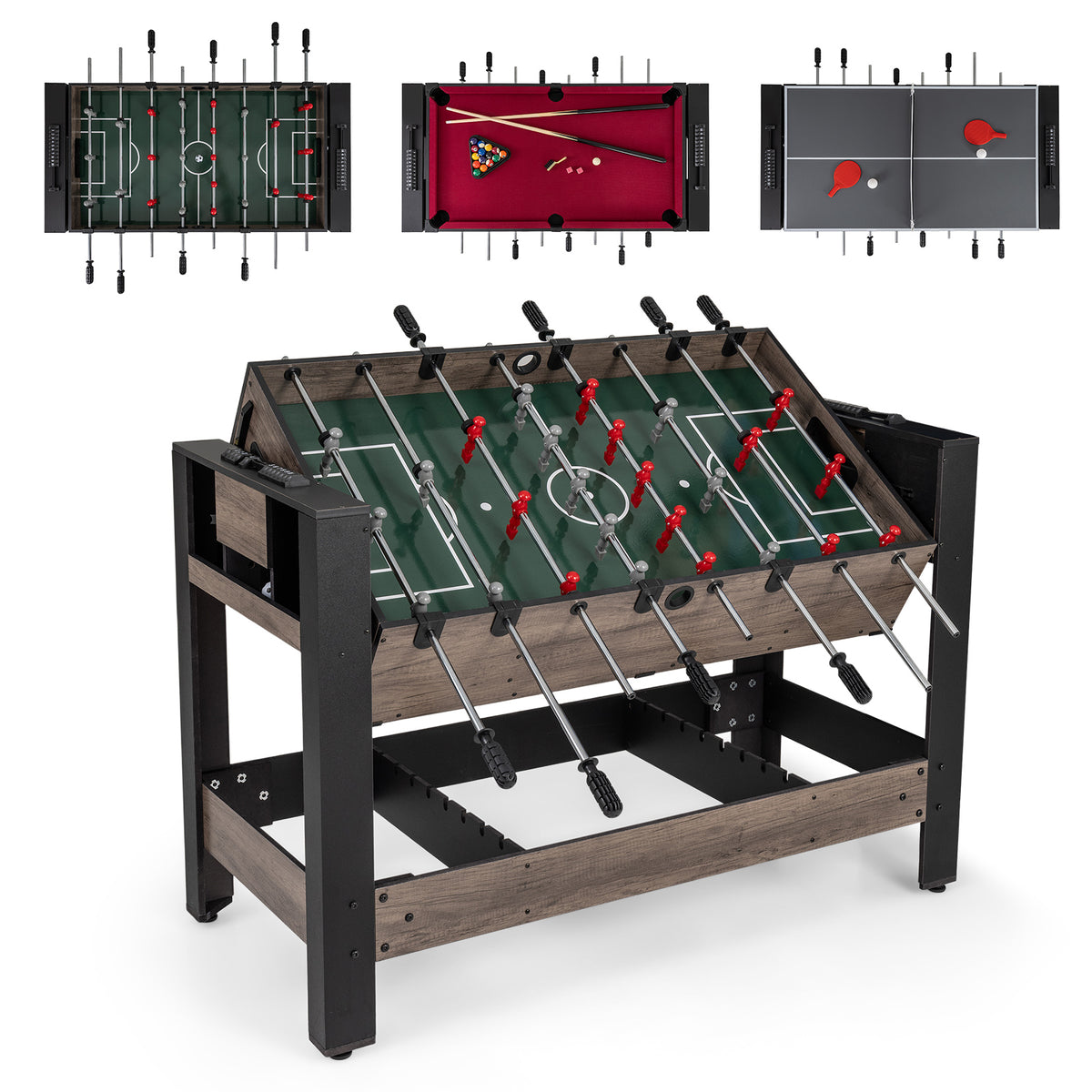 3-in-1 124CM Swivel Game Table shown in foosball mode with pool and table tennis tops visible above