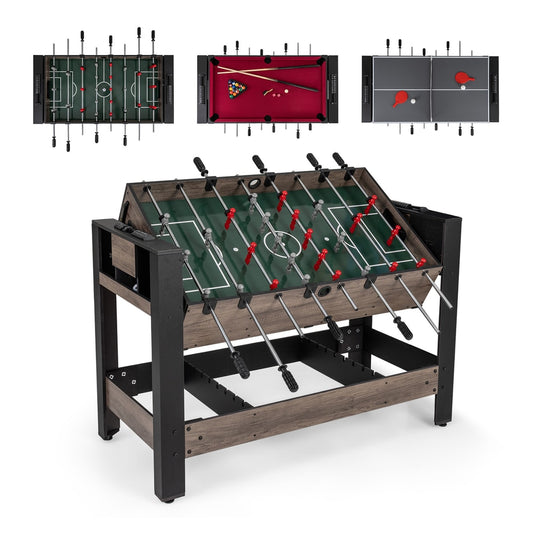 3-in-1 124CM Swivel Game Table shown in foosball mode with pool and table tennis tops visible above