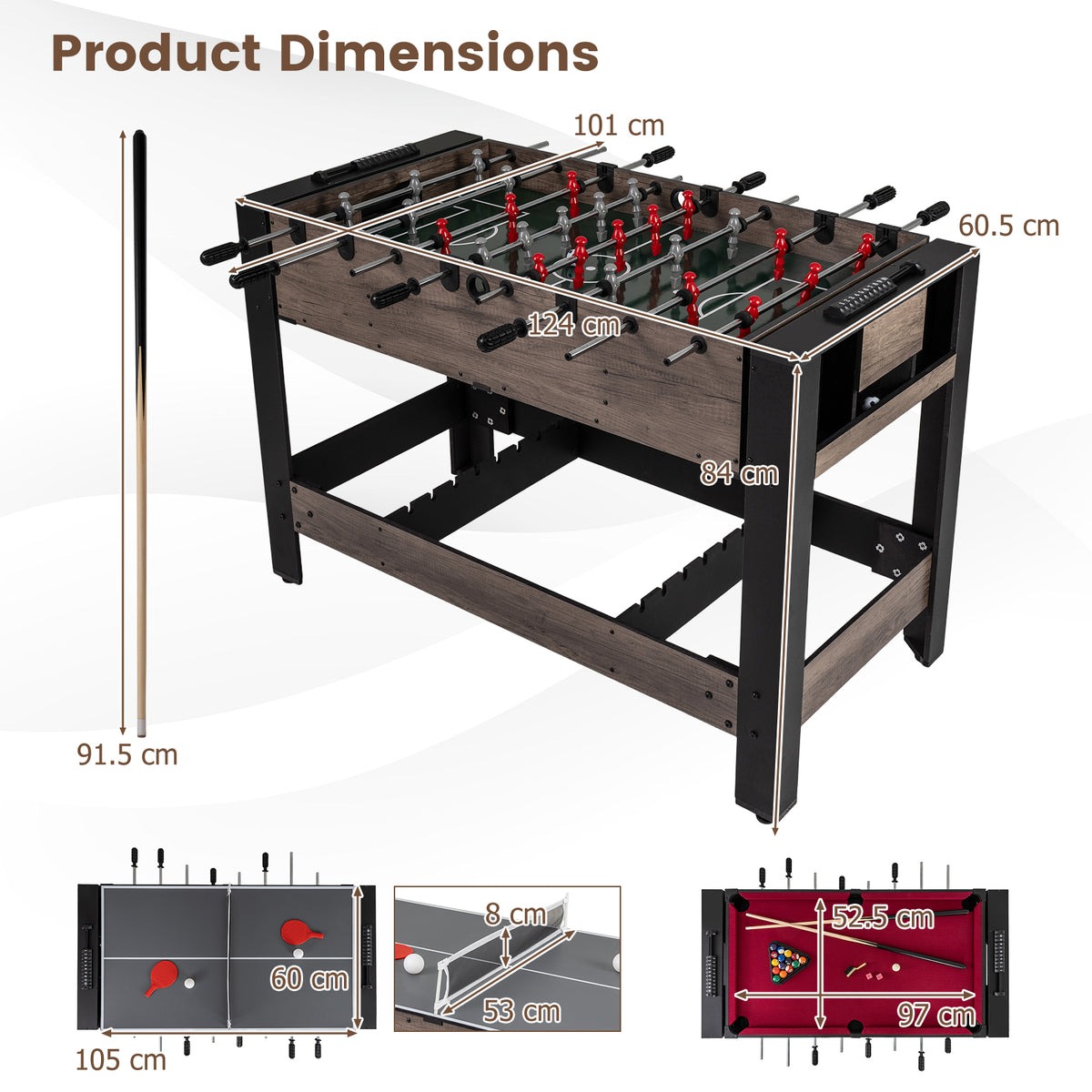 The game room table with dimensions shown for foosball, pool, and table tennis modes