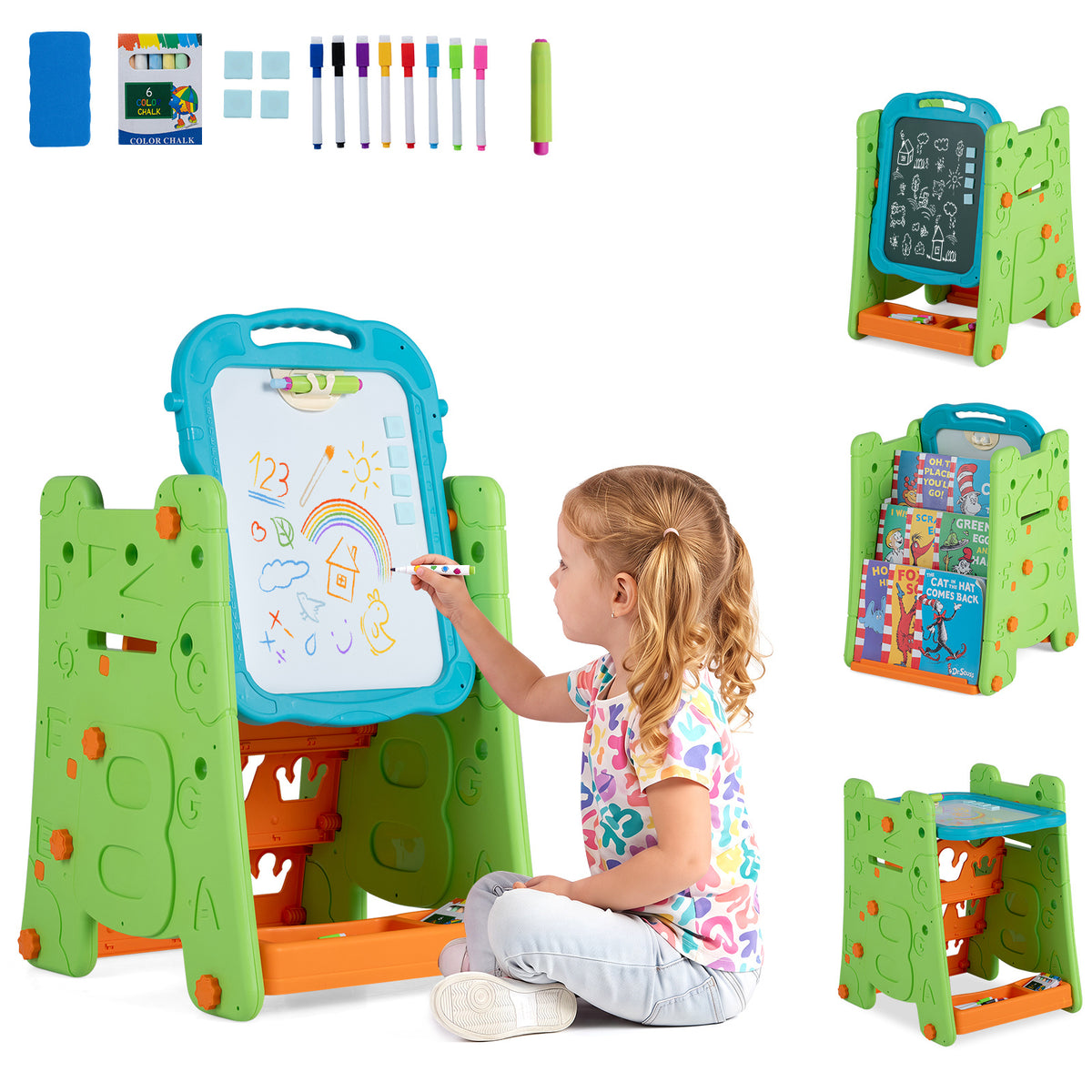 The art easel shown in different configurations with a child drawing and accessories