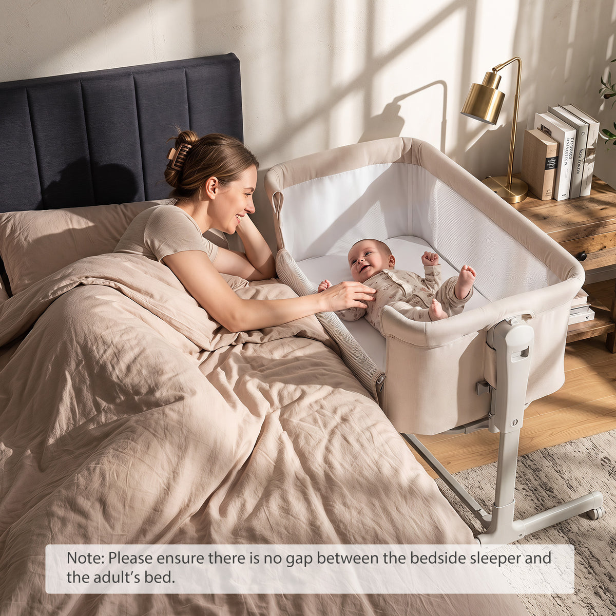 3-in-1 Baby Crib Height-Adjustable Bedside Crib with Castors-Beige