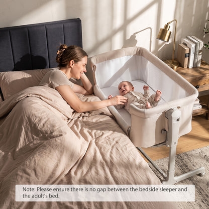3-in-1 Baby Crib Height-Adjustable Bedside Crib with Castors-Beige