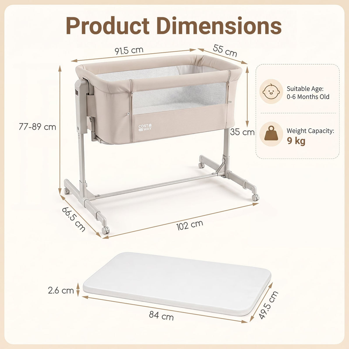 3-in-1 Baby Crib Height-Adjustable Bedside Crib with Castors-Beige