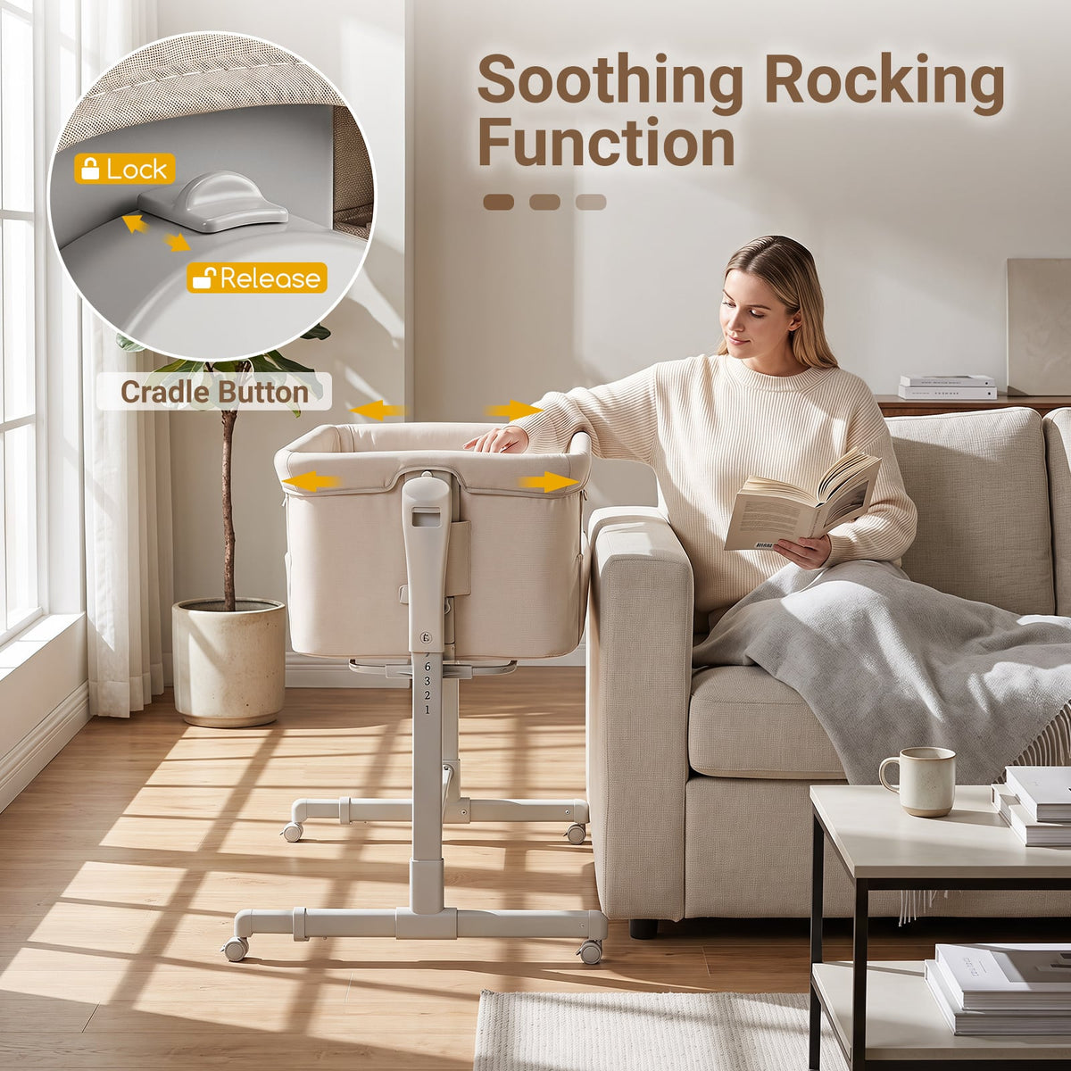 3-in-1 Baby Crib Height-Adjustable Bedside Crib with Castors-Beige