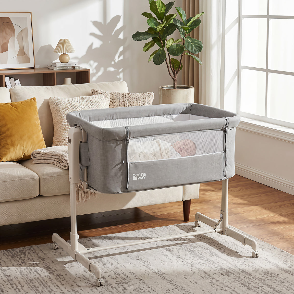 3-in-1 Baby Crib Height-Adjustable Bedside Crib with Castors-Grey