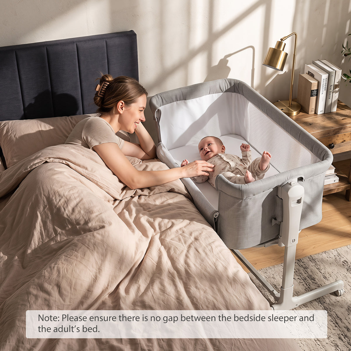 3-in-1 Baby Crib Height-Adjustable Bedside Crib with Castors-Grey