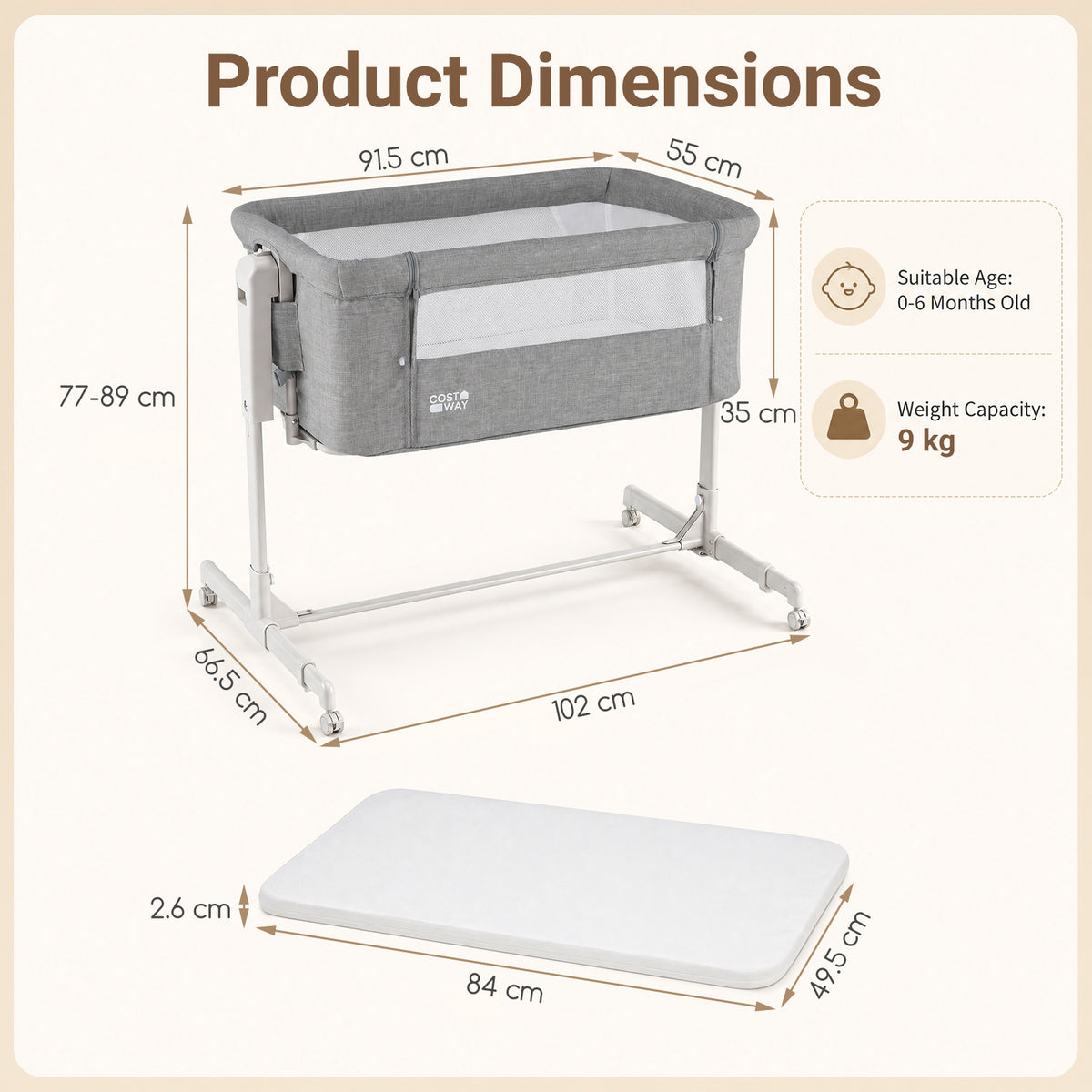 3-in-1 Baby Crib Height-Adjustable Bedside Crib with Castors-Grey