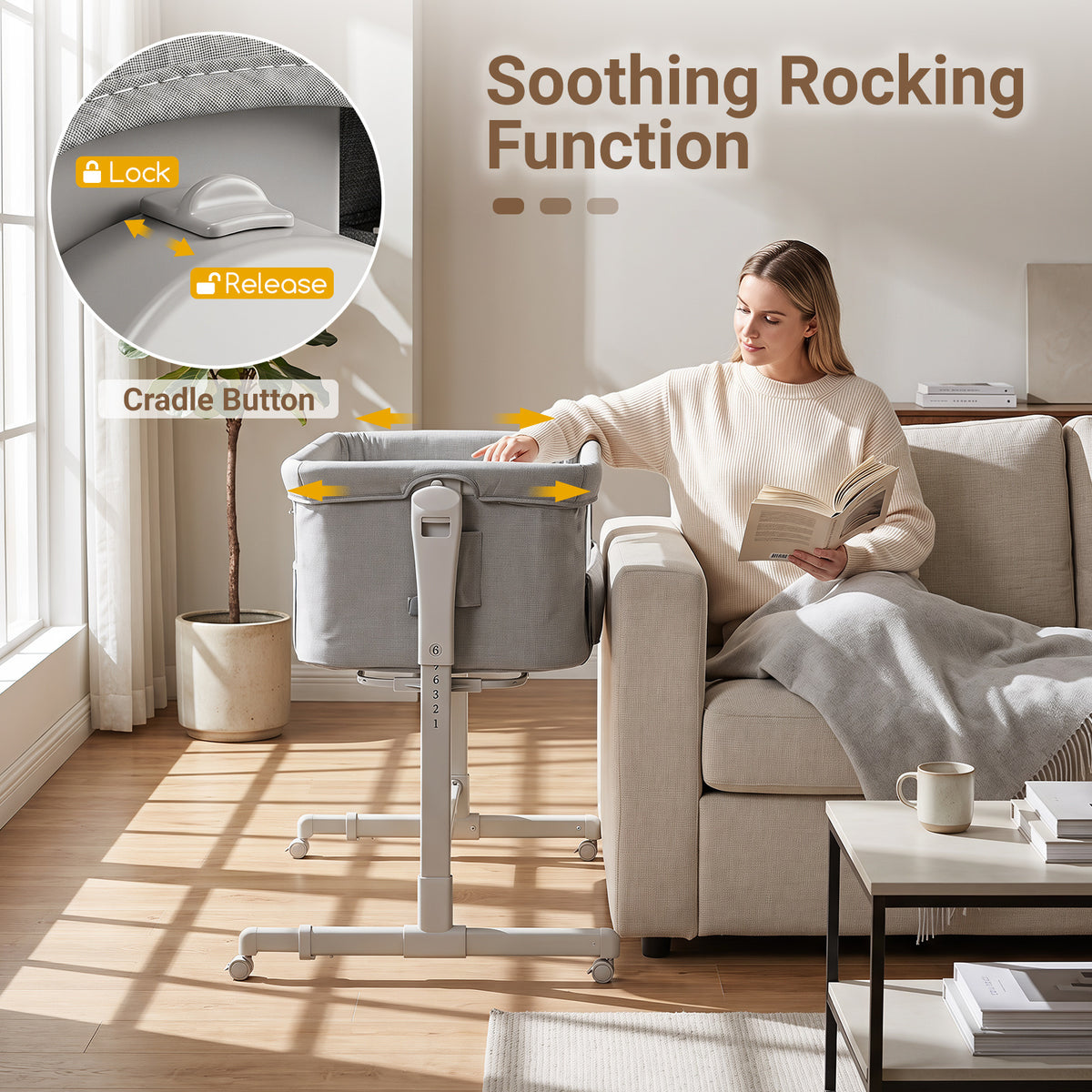 3-in-1 Baby Crib Height-Adjustable Bedside Crib with Castors-Grey