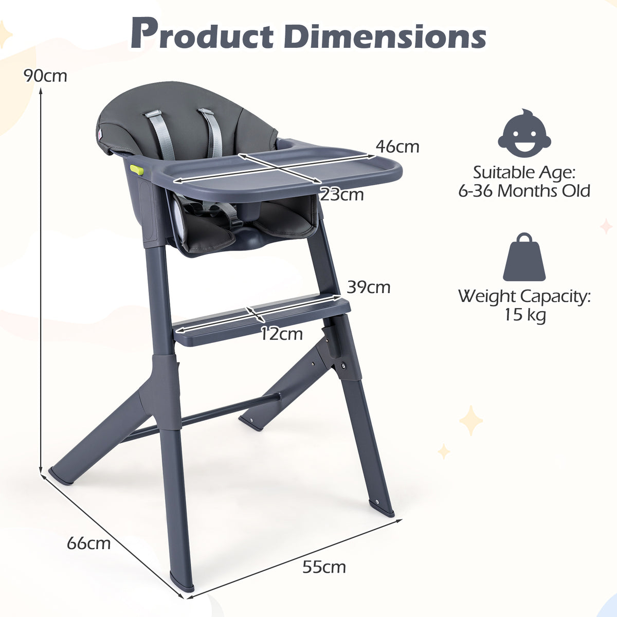 3-in-1 Baby High Chair with Detachable Tray & Safety Belt for 6-36 Months-Grey