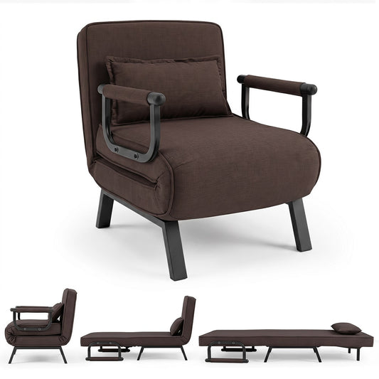 3-in-1 Folding Sofa Bed in brown fabric, shown as a chair with a pillow