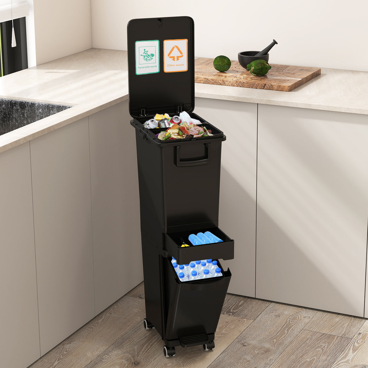 3-in-1 Multifunctional Kitchen Trash Can with Tilt-Designed Bottom Bin-Black