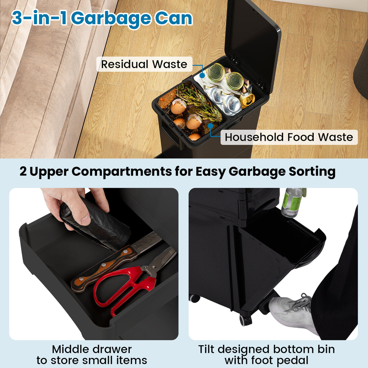 3-in-1 Multifunctional Kitchen Trash Can with Tilt-Designed Bottom Bin-Black