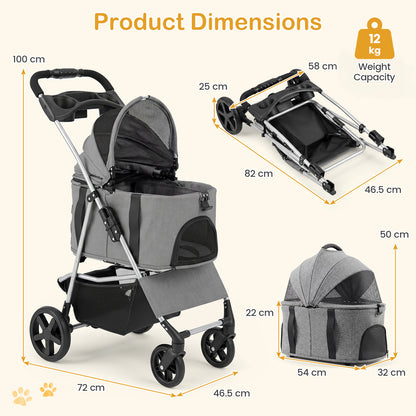 Dimensions and weight capacity of the grey dog stroller and its detachable carrier