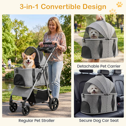 The grey dog stroller converts to a detachable pet carrier or a secure dog car seat