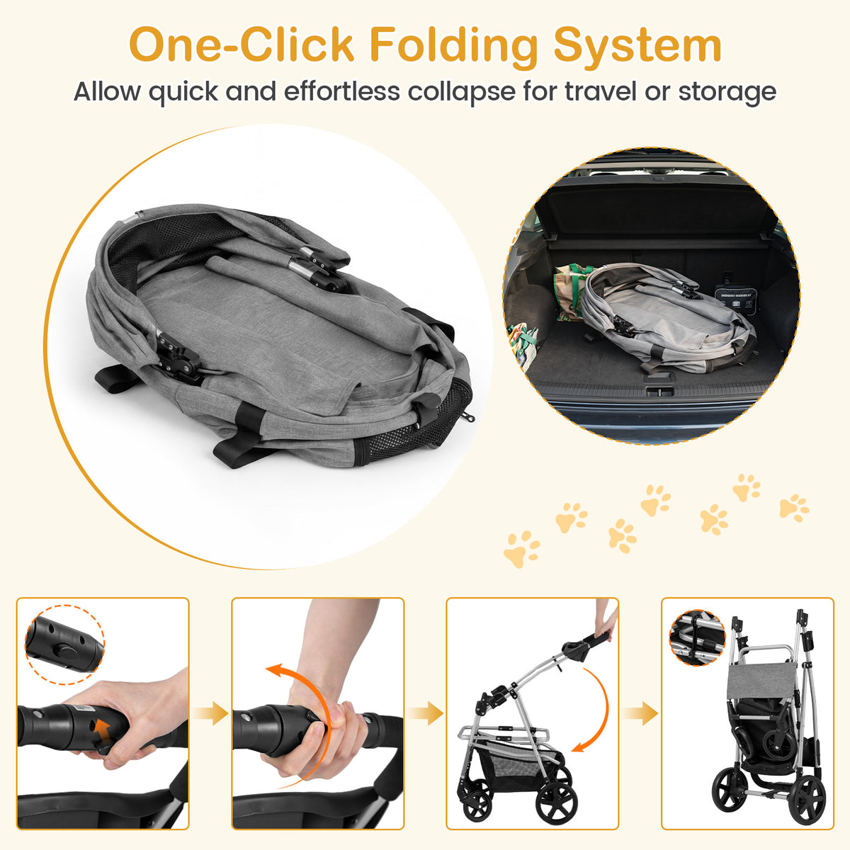 One-click folding system for the grey dog stroller, showing it collapsing and fitting in a car boot