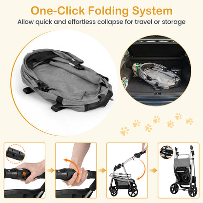 One-click folding system for the grey dog stroller, showing it collapsing and fitting in a car boot