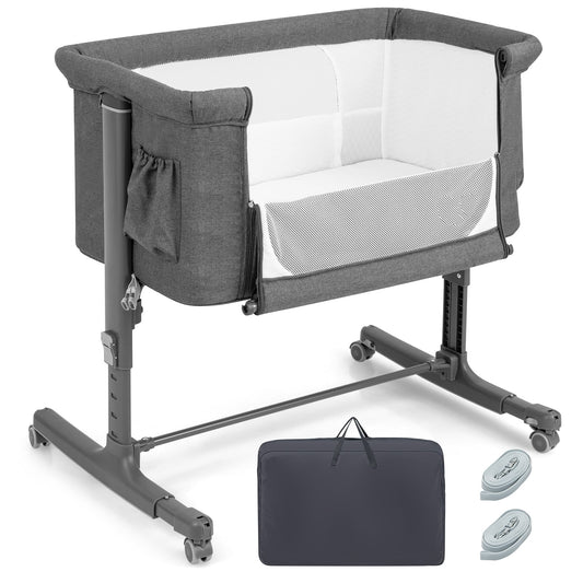 3-in-1 Adjustable Baby Bedside Bassinet with Mattress shown with its carry bag and straps
