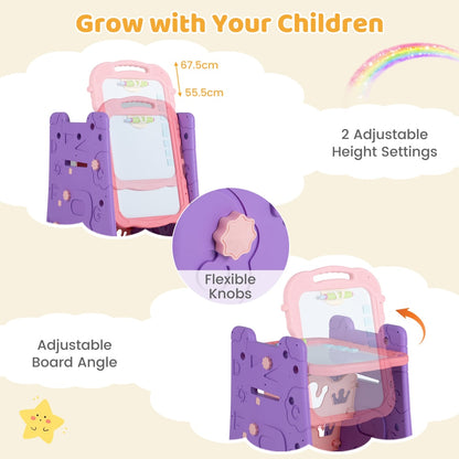 Animation showing how to adjust the height and angle of the pink art easel
