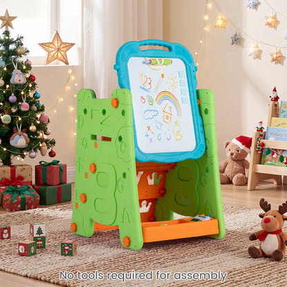 The art easel set up in a living room with Christmas decorations and a teddy bear