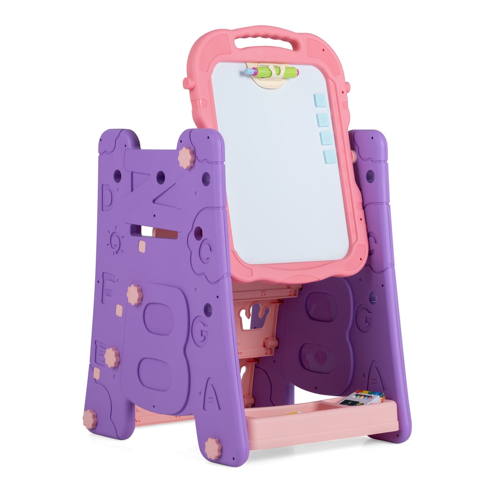 3 in 1 Art Easel for Kids Double Sided Magnetic Board Chalkboard and Whiteboard-Pink