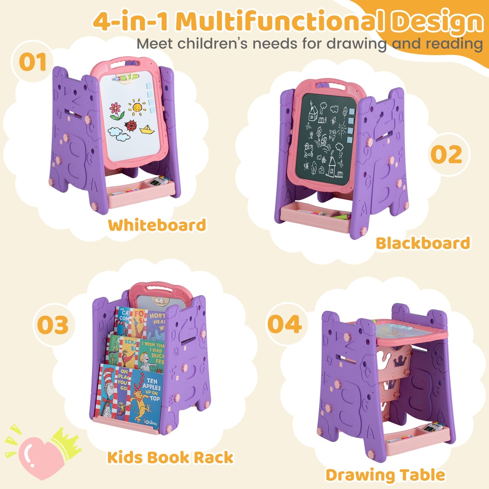 Four panels showing the pink art easel as a whiteboard, chalkboard, book rack, and drawing table