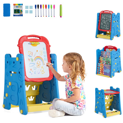 Collage of the art easel with a child drawing and its different parts