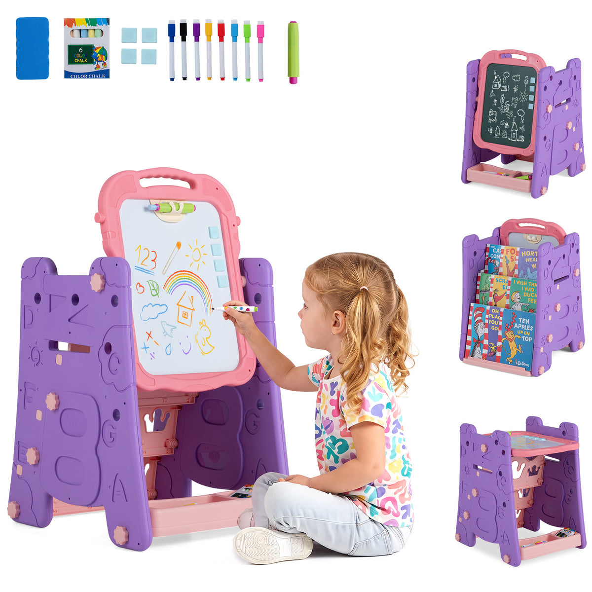 Collage showing the pink art easel, a child drawing, and its storage features