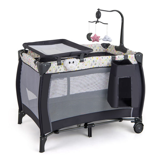 The black baby playpen and playards with a changing table and mobile
