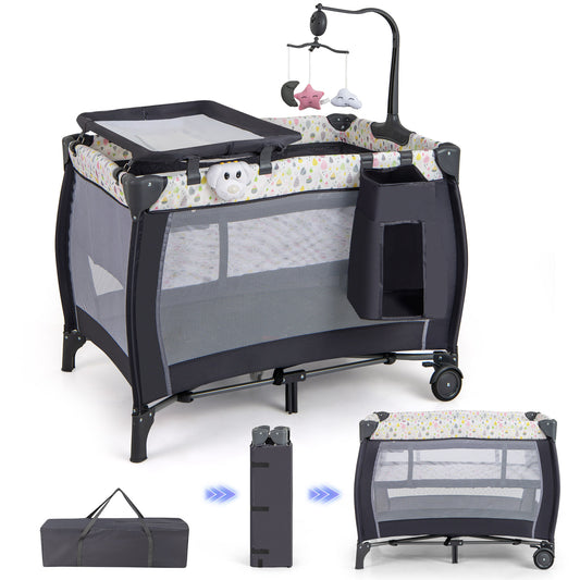 3 in 1 Baby Activity Center Foldable Pack and Play with Diaper Changing Table-Black shown assembled and folded with carry bag