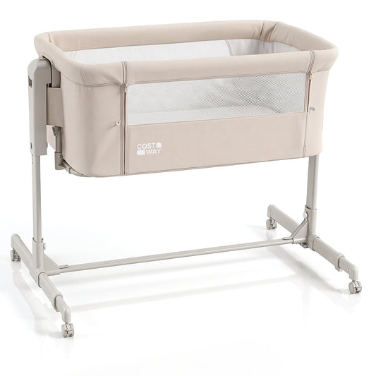 3-in-1 Baby Crib in beige with adjustable height and castor wheels