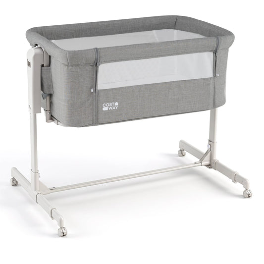 3-in-1 Baby Crib bedside sleeper in grey with white mattress and mesh sides