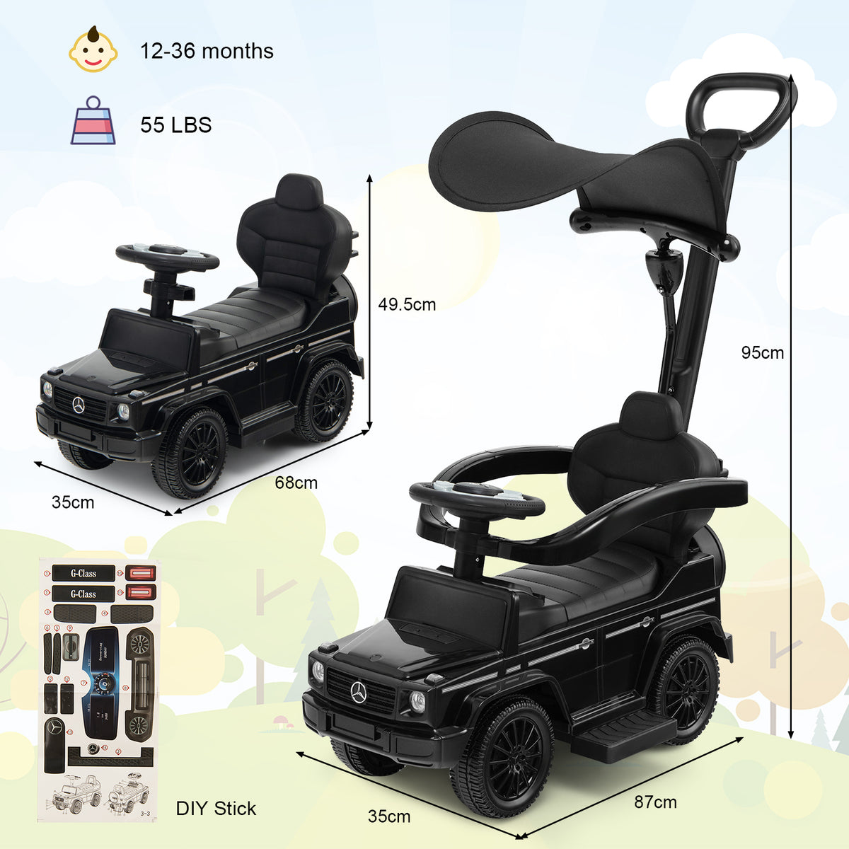Black sliding walker with push handle, with dimensions and parts list shown