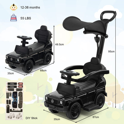 Black sliding walker with push handle, with dimensions and parts list shown