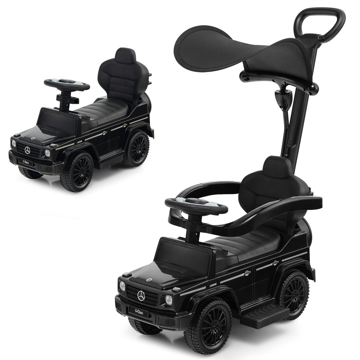 3-in-1 Baby Foot-to Floor Sliding Walker with Push Handle in black, shown from the front and side