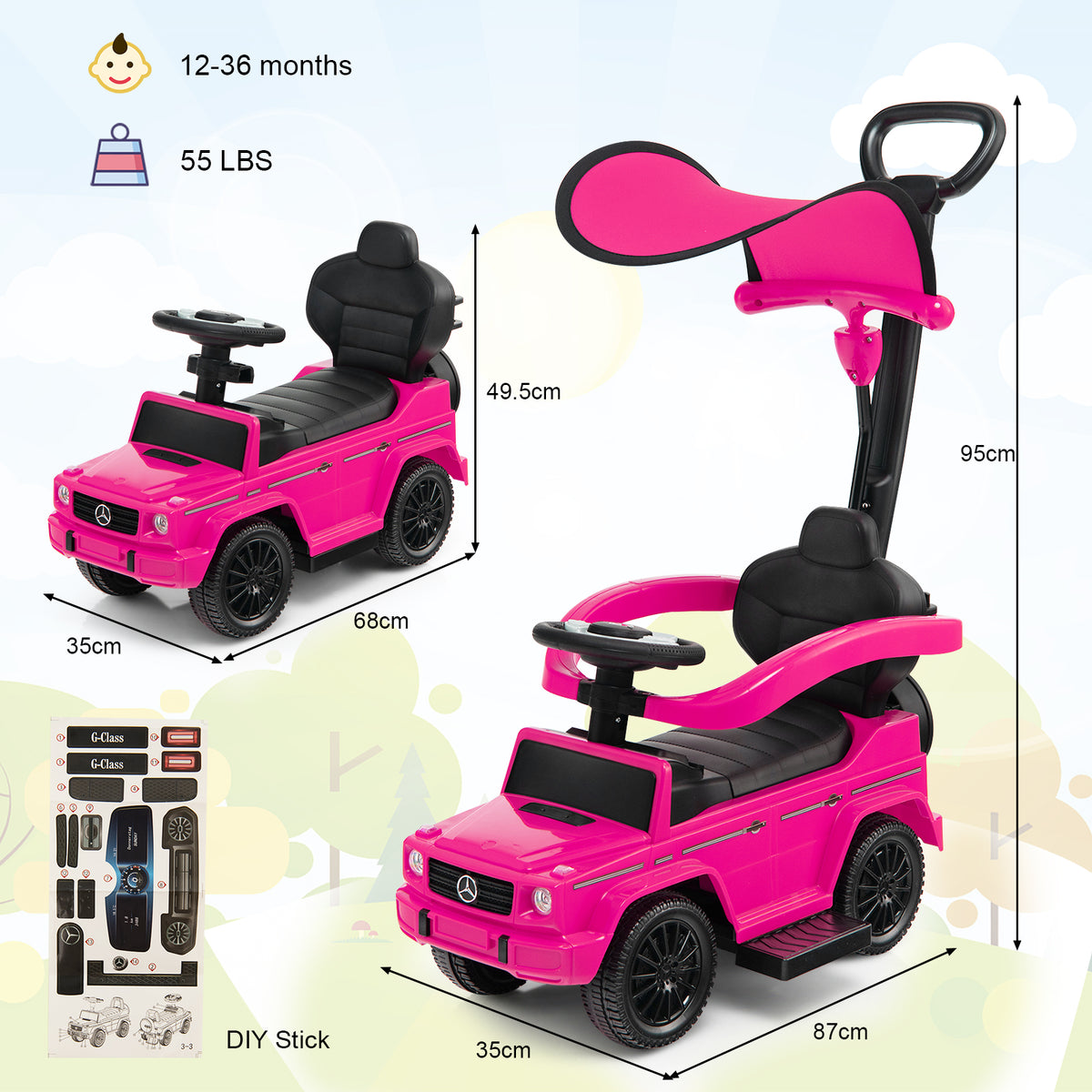 The pink baby sliding walker with push handle shown with dimensions and DIY stickers