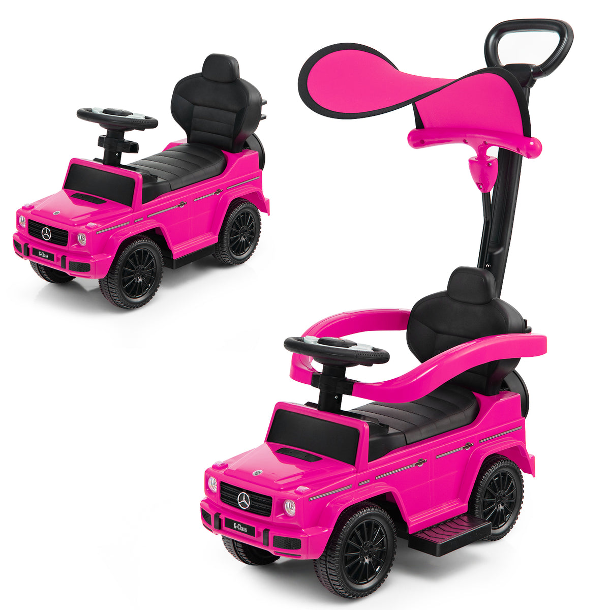 3-in-1 Baby Foot-to Floor Sliding Walker with Push Handle in pink, a ride-on toy car with a push handle