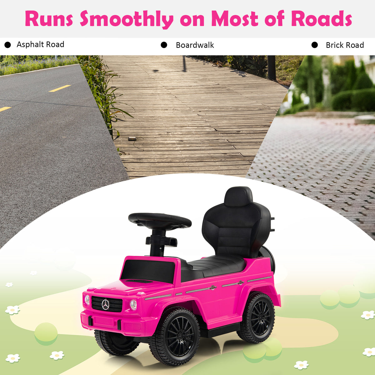The pink baby sliding walker shown on different surfaces like asphalt and boardwalk