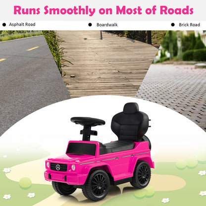 The pink baby sliding walker shown on different surfaces like asphalt and boardwalk
