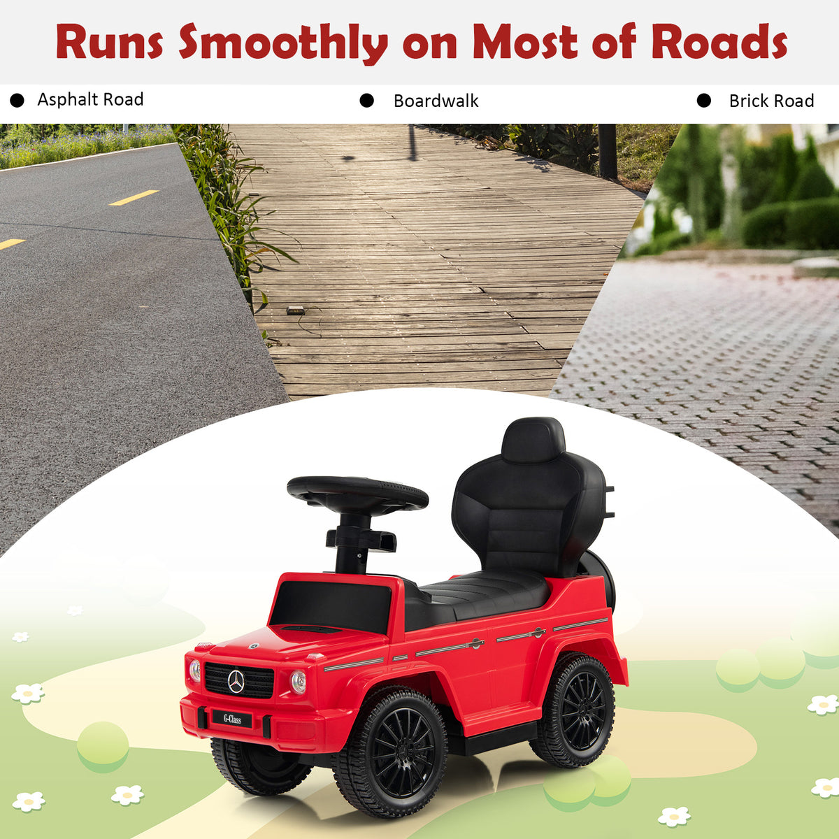The red baby walker shown on different road surfaces