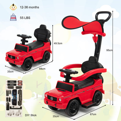 The red baby walker with dimensions and stickers shown on a light background