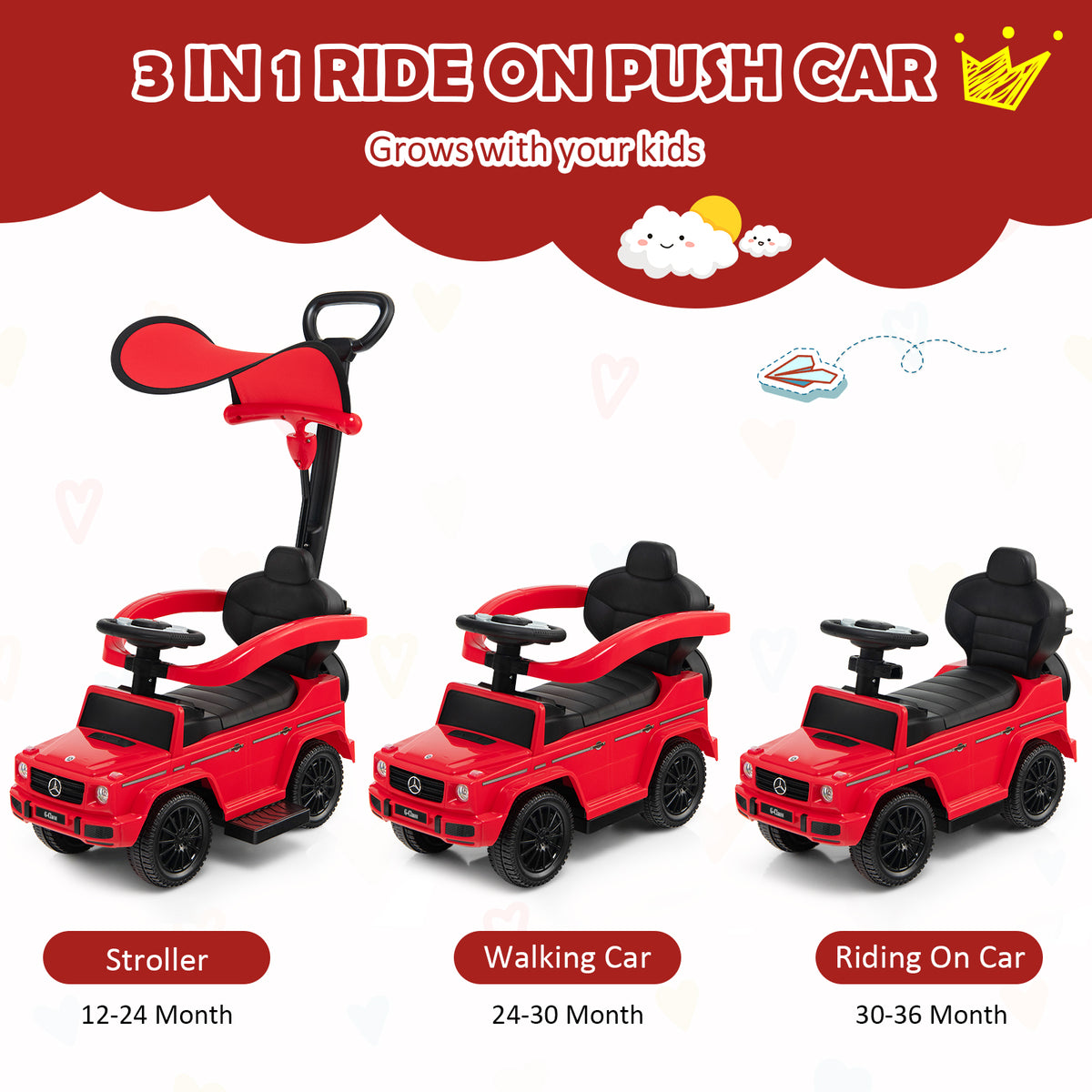 The red baby walker shown in three different configurations for growing children