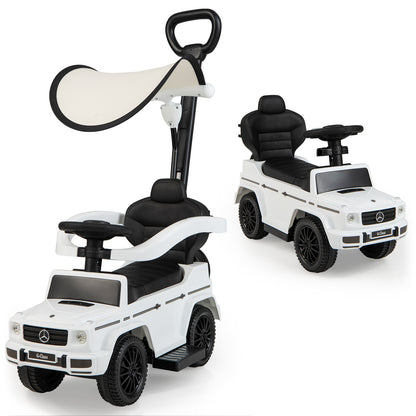 3-in-1 Baby Foot-to Floor Sliding Walker with Push Handle in white, a toy car with a push handle and canopy