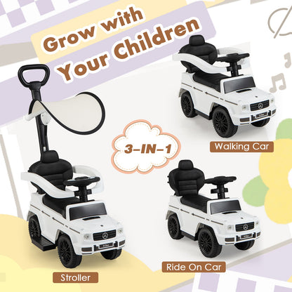 Three modes of the white baby walker car: stroller, walking car, and ride on car