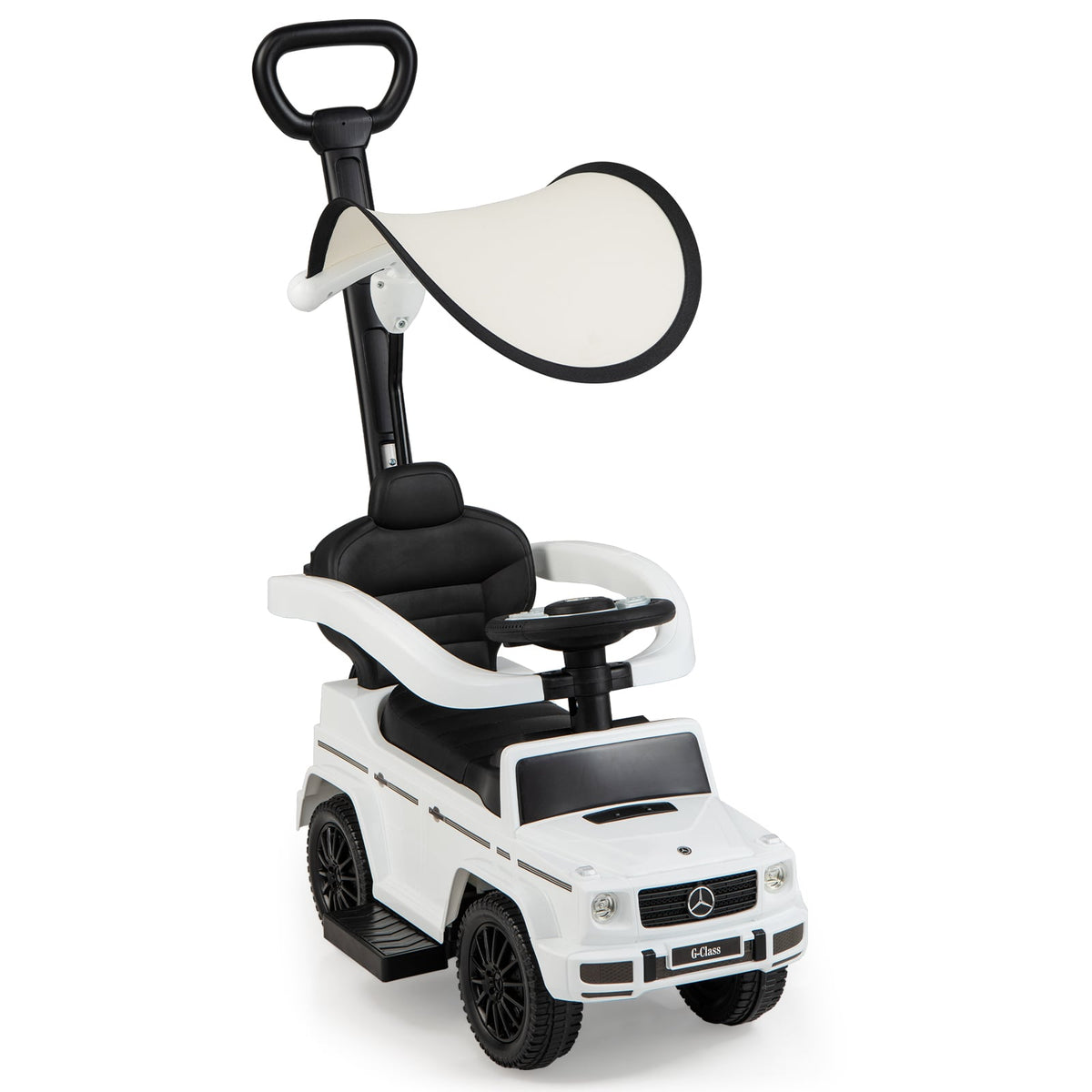 White baby walker car with push handle and canopy, side view
